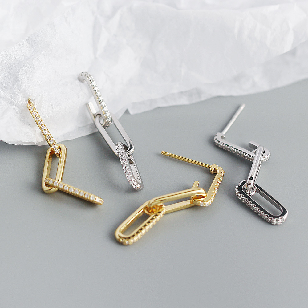 Retro Paperclip Rectangle Chain Earrings in 925 Sterling Silver for Ladies' Night