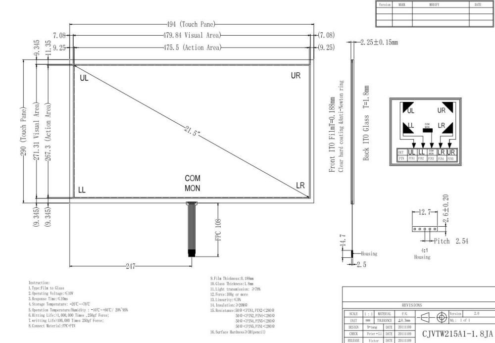 21.5 Inch Resistive Touch Screen 5 Wire For Medical Equipment