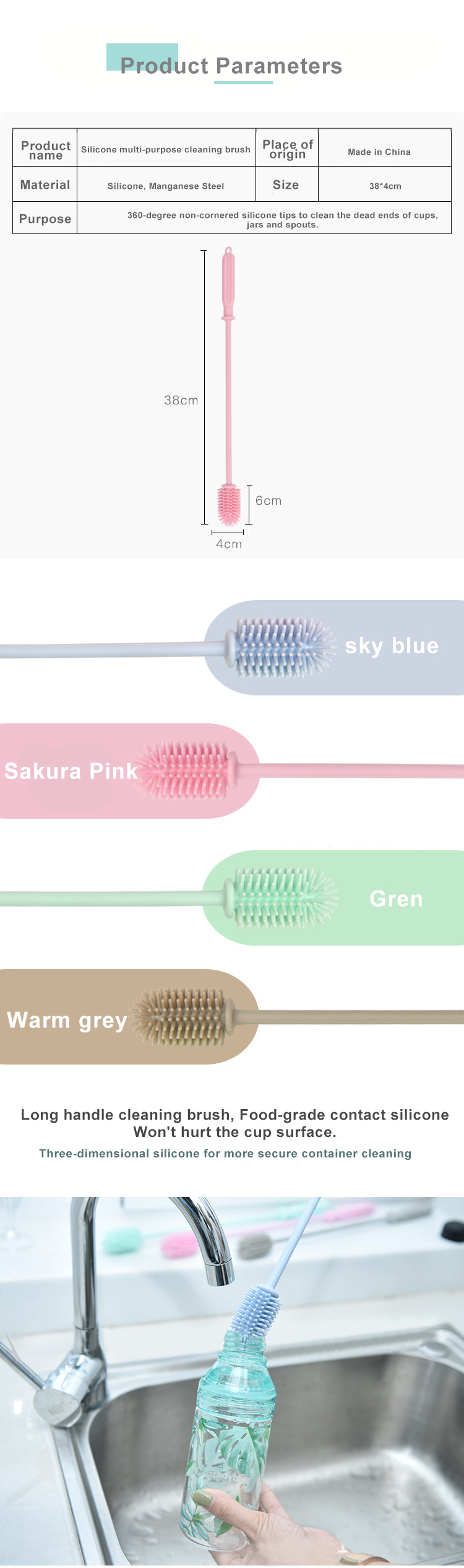 OEM BPA Free Long Handle Silicone Bottle Cleaning Brush