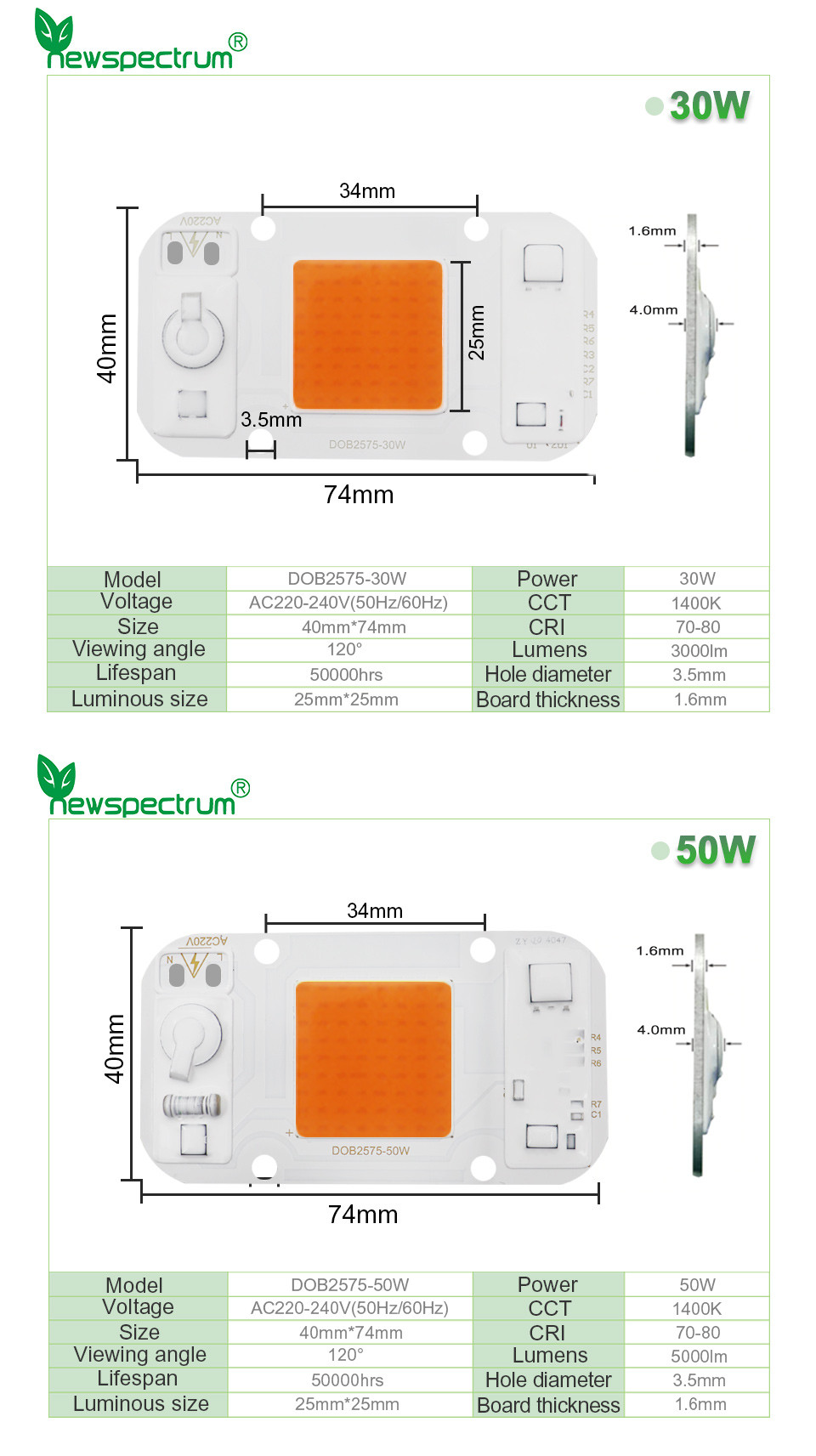 AC 220V Dob Led Chip 50w Cool Warm White For DIY Floodlight Grow Light