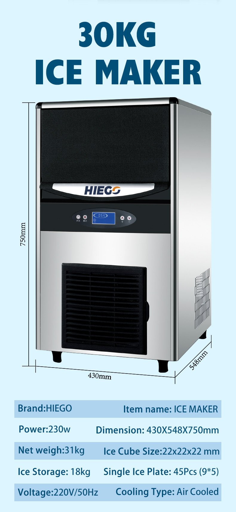 30KG/24H Heavy Duty Tube Cube Ice Maker Machine Factory Price