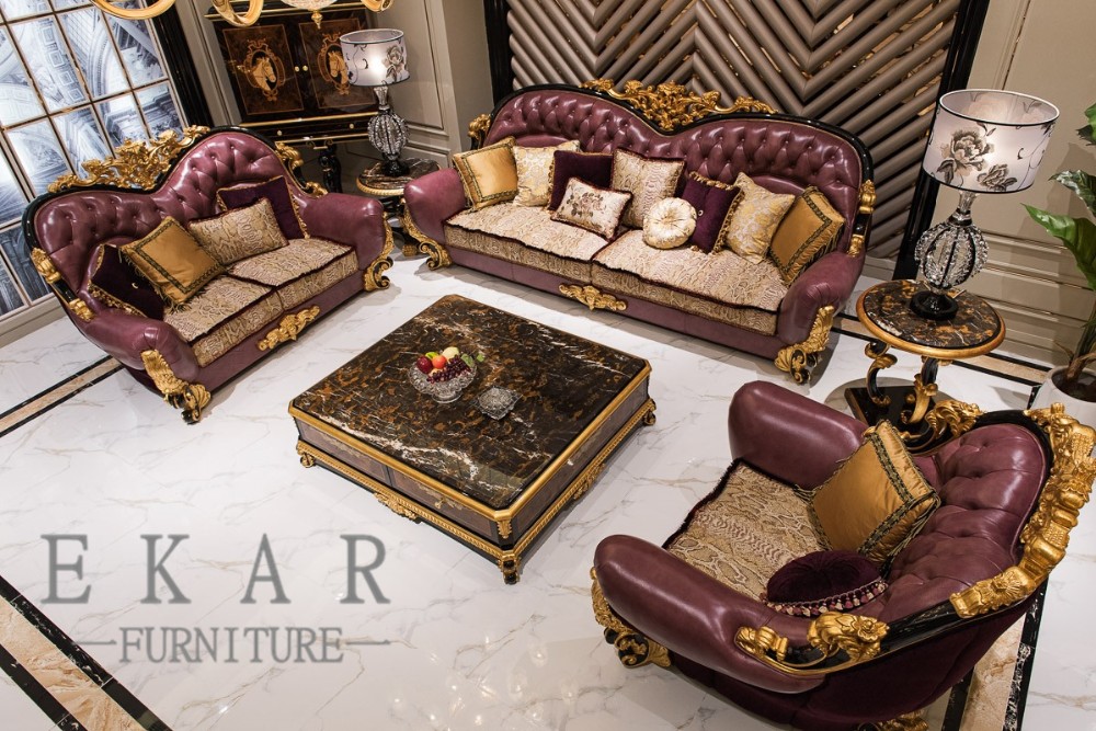 Baroque Style Cover Leather Sofa Set Living Room Furniture