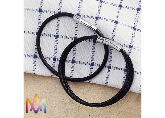 Snap Fastener Black Woven Mens Leather Bracelets Engraved