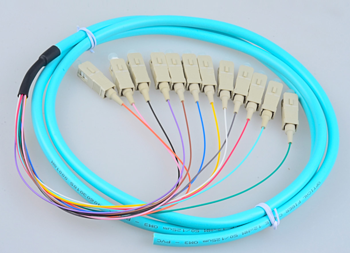 SC OM3 Fiber Pigtails / Optical Patch Cords Fanout 0.9mm 2m 3m 5m Aqua LSZH PVC