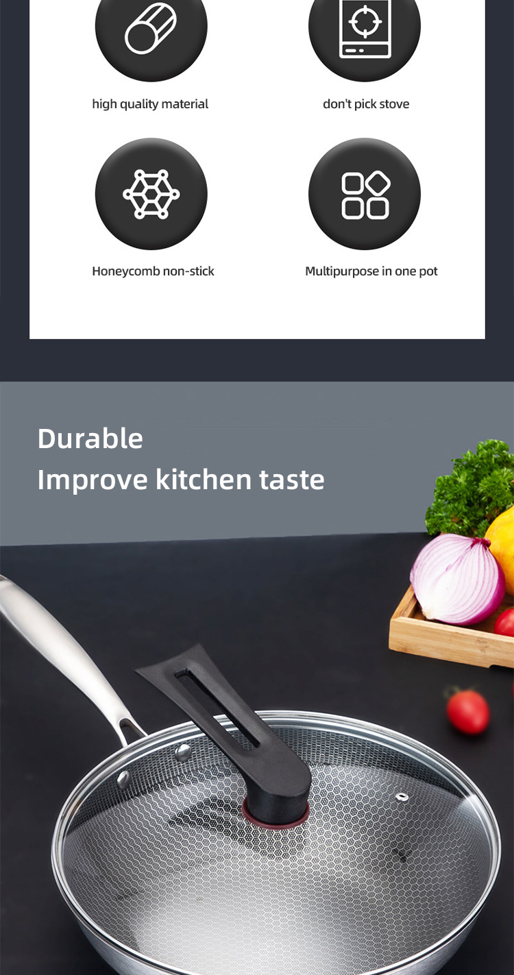 High Capacity Honeycomb Kitchen Frypan Non Stick Stainless Steel With Lid