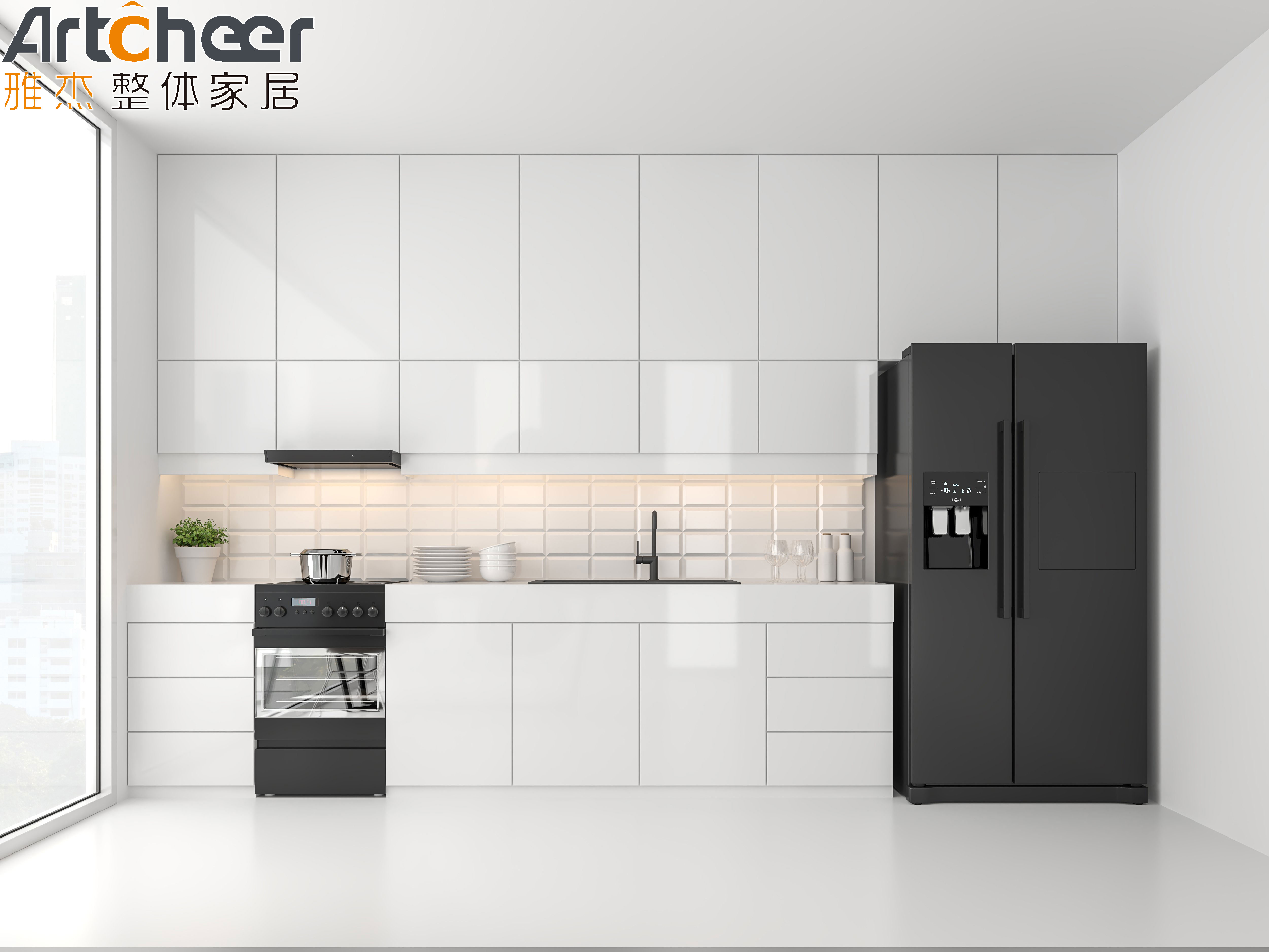 Small Open Kitchen Cabinet Set with Modern High Gloss White Cabinet and Black High Cabinet