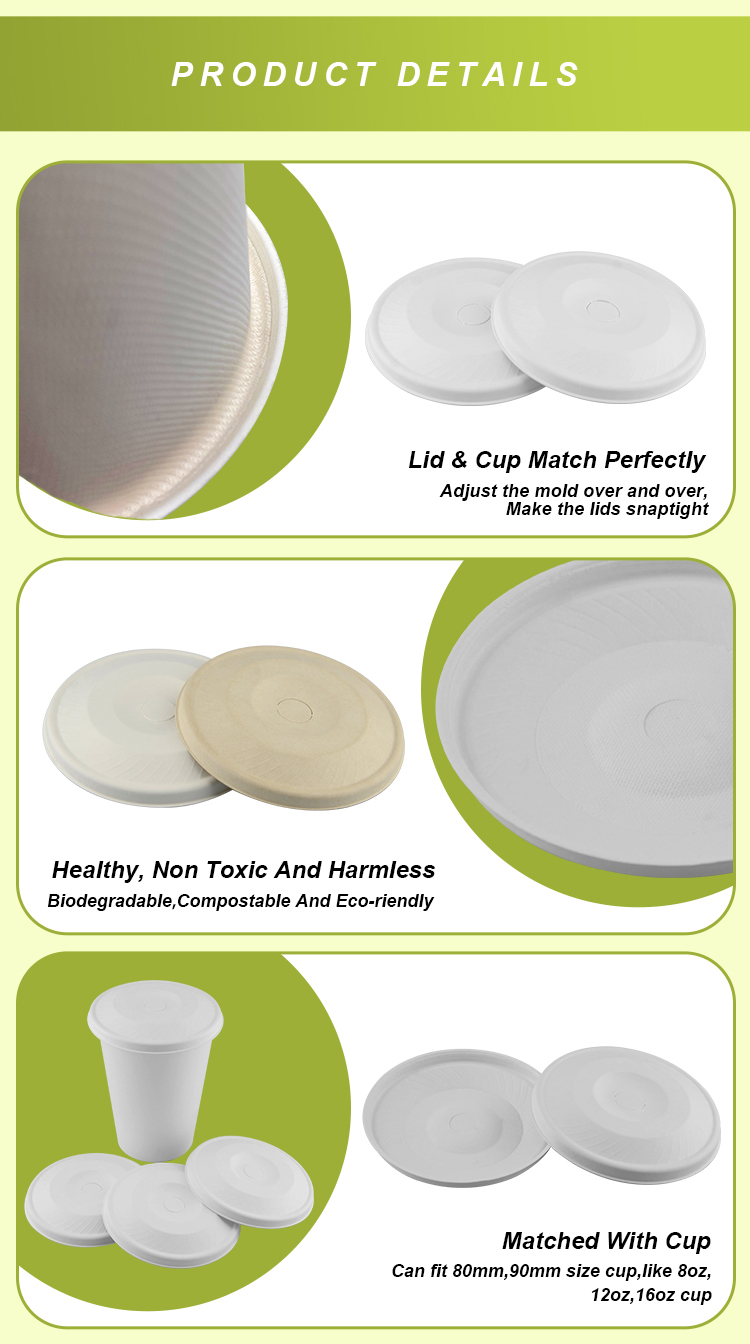 80mm 90mm Biodegradable Bagasse Coffee Cups 8oz 12oz 16oz With Lids