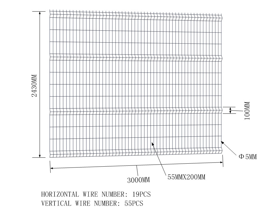 Weld Wire Mesh Fence 2430mm x 3000mm V fold Available hot dipped galvanized powder coated Mesh 50mm x 200mm Dia :5.00mm