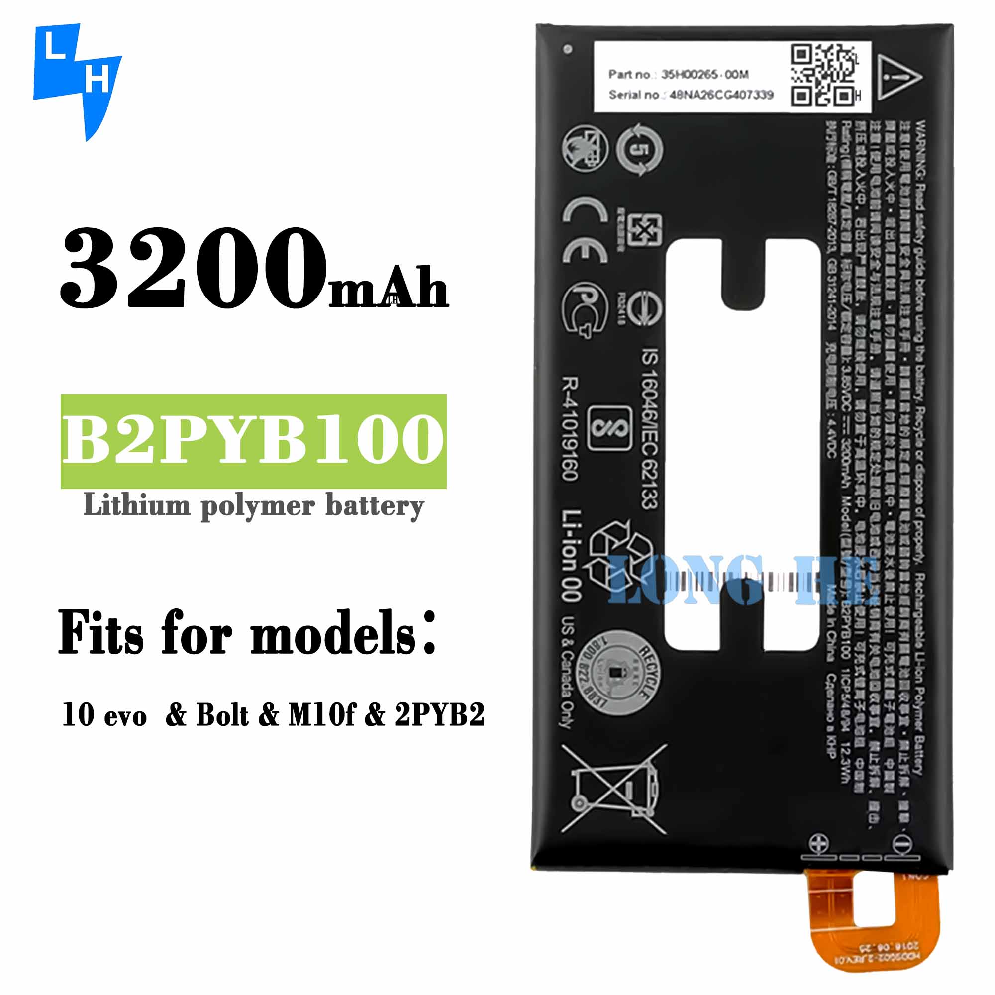 3200mAh RECHARGABLE Black Battery B2PYB100 for HTC 10 evo Bolt M10f 2PYB2 0 Cycle