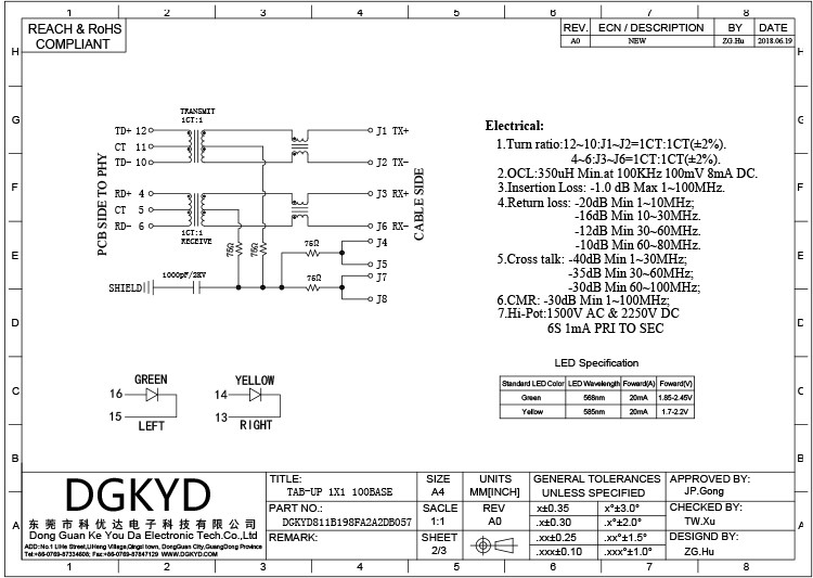 DGKYD811B198FA2A2DB Single Port TAB UP RJ45 Modular Jack With Tansformer