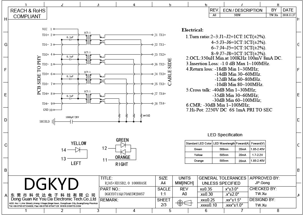 DGKYD711Q170AE5W2D057 Integrated Tab Up Double USB 2.0 RJ45 Network Connector For PCMCIA Net Card