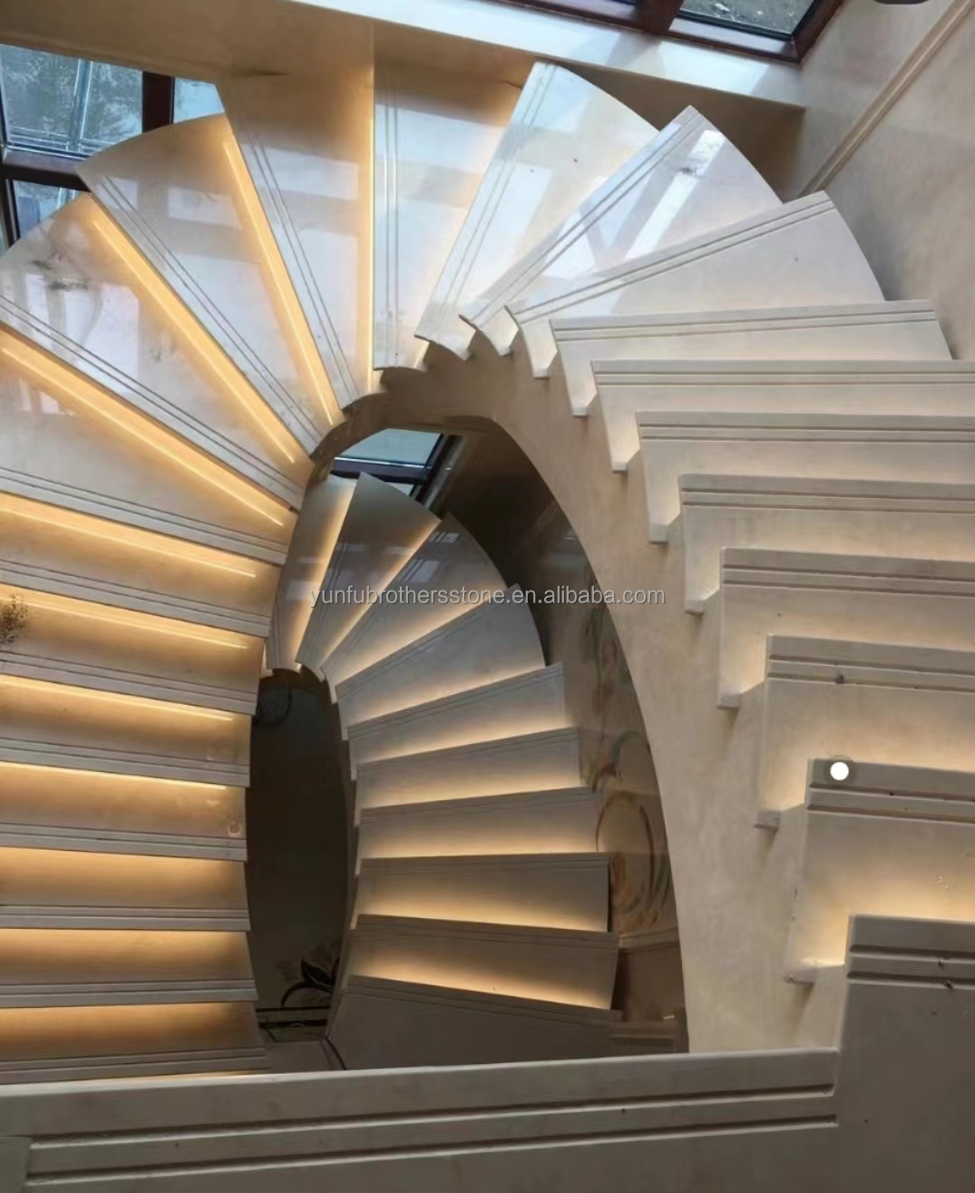 Natural Stone Staircase Design with Emerald Green Light Green Onyx Backlit Interior Stone