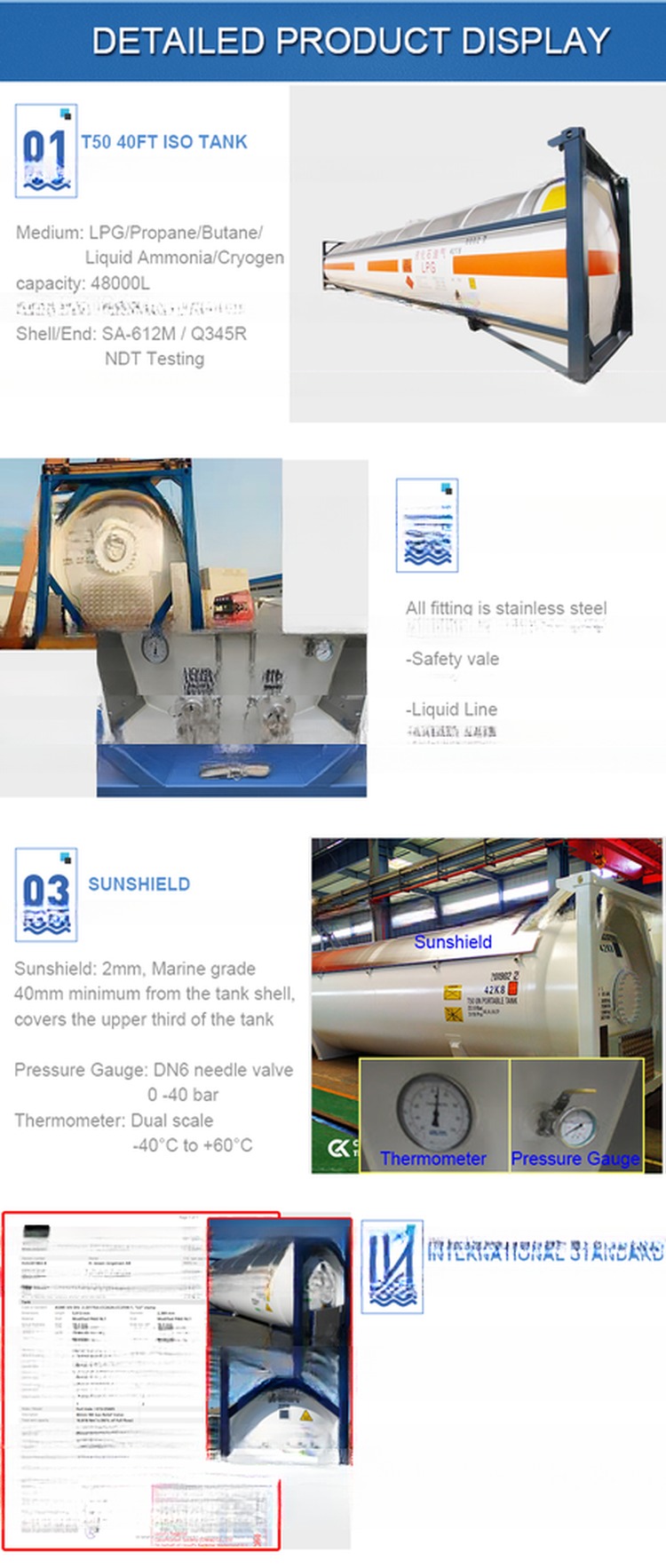40ft ISO Gas Tank Container 52.5 CBM UN T50 for Compressed Liquefied LPG Chlorine Ammonia High Capacity ISO Container
