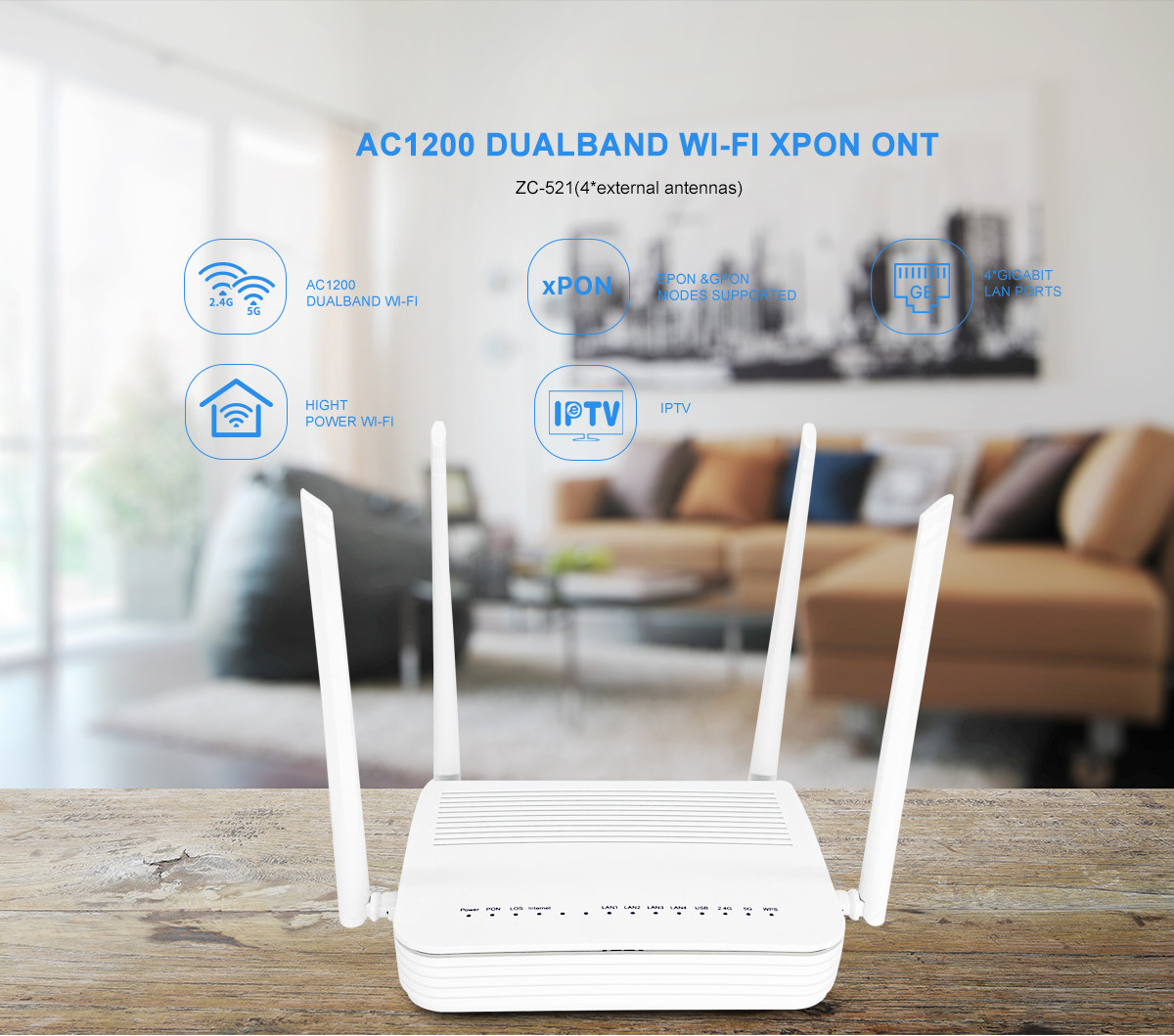Dual Band ONU EPON GPON AC1200 4 Antennas Wifi XPON ONT For FTTH
