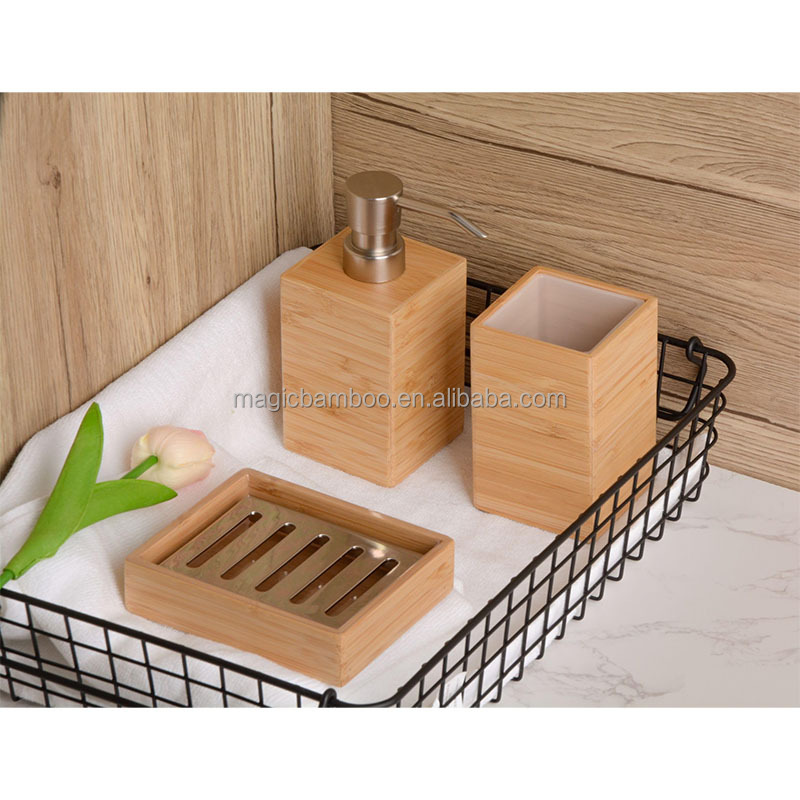 3Pcs Natural Bamboo Soap Dispenser Set Customized for Bathroom