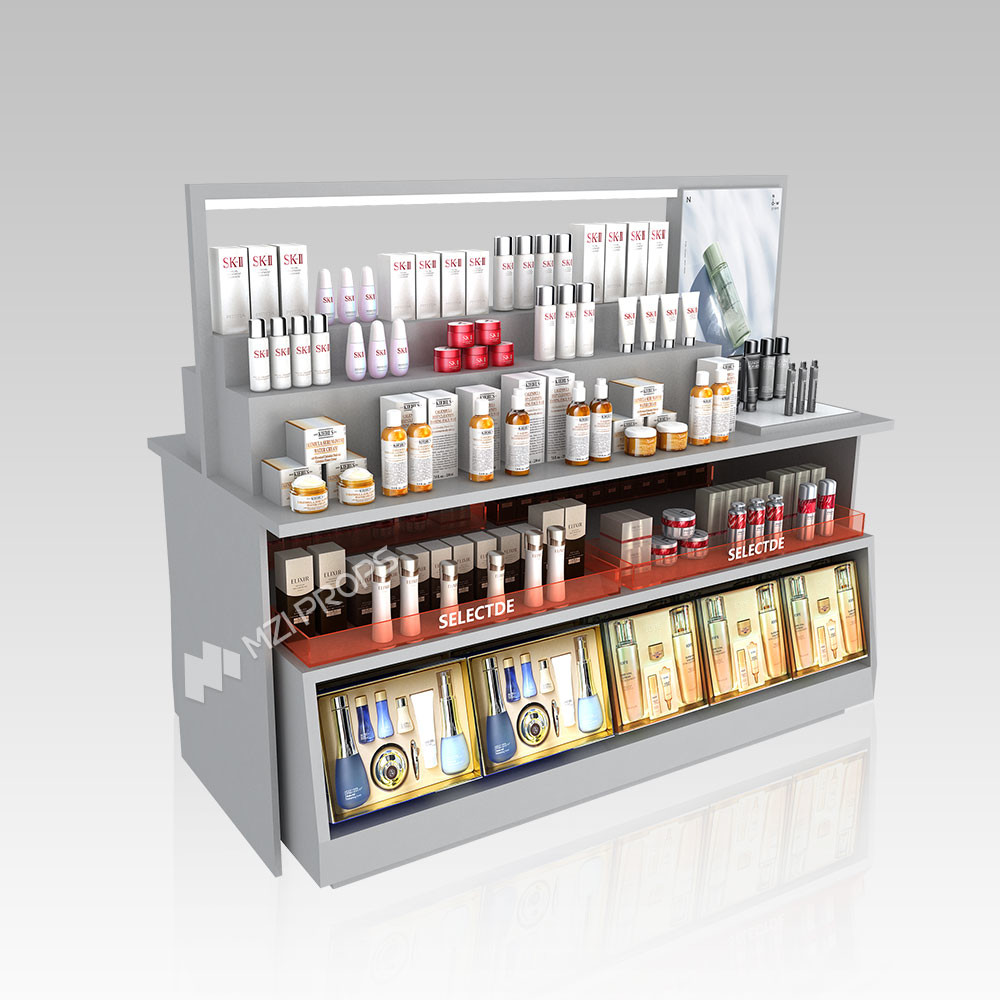Skincare Store Promotion Display Rack Multi-layer Wooden Beauty Store Stand With Light Strips For Cosmetic Shop Decoration