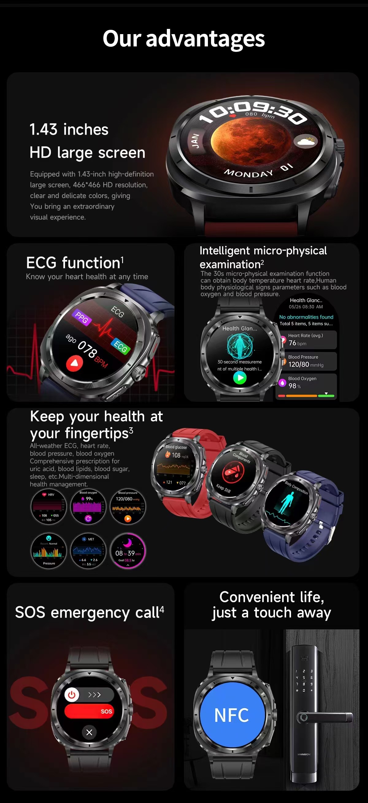 ET492 Blood Pressure Blood Oxygen Smart Watch With Emergency SOS