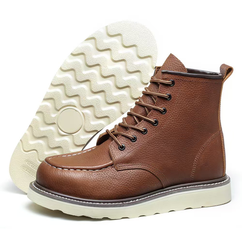 Fashionable Steel Toe Work Boots Slip Resistant Mid Top Leather Boots Unisex