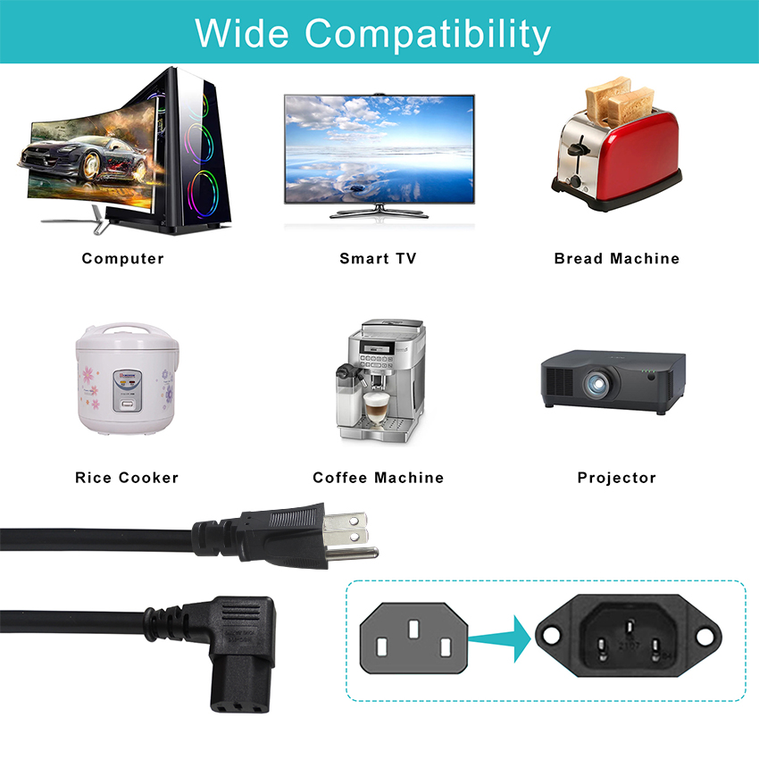 USA 3 Pin Plug to Right Angle IEC C13 Power Cord Cable for Computer 90 Degree C13 Connector
