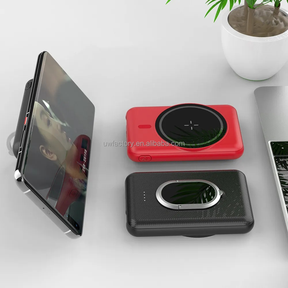Support Solar Charging 5000mAh Magnetic Wireless Charging Ring Bracket Power Bank with TYPE-C Output 5V/9V/12V 3A