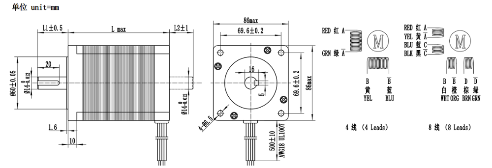 86HS78-4204A 78mm Nema 34 Stepper Motor 1600 Oz 624ozin 14mm Shaft 4 Lead 4.2a 45kgcm