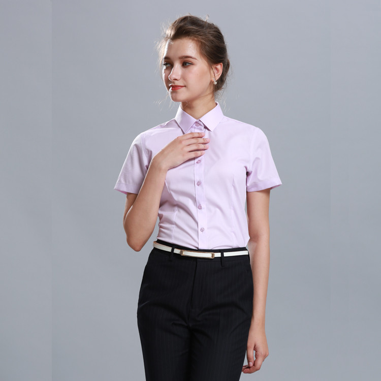 Short Sleeve Fashionable Ladies Work Uniforms Polyester Cotton Spandex Material