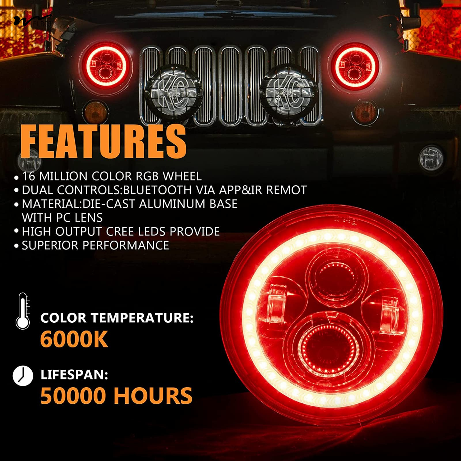 7 Inch Round Car Headlights with RGB LED Halo High Low Beam Aluminum Sealed Beam Headlamps