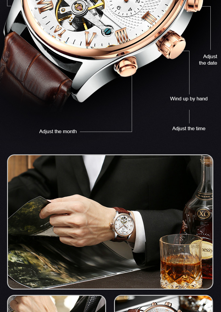 Charm 3ATM leather strap skeleton automatic mechanical men wrist tourbillon watch