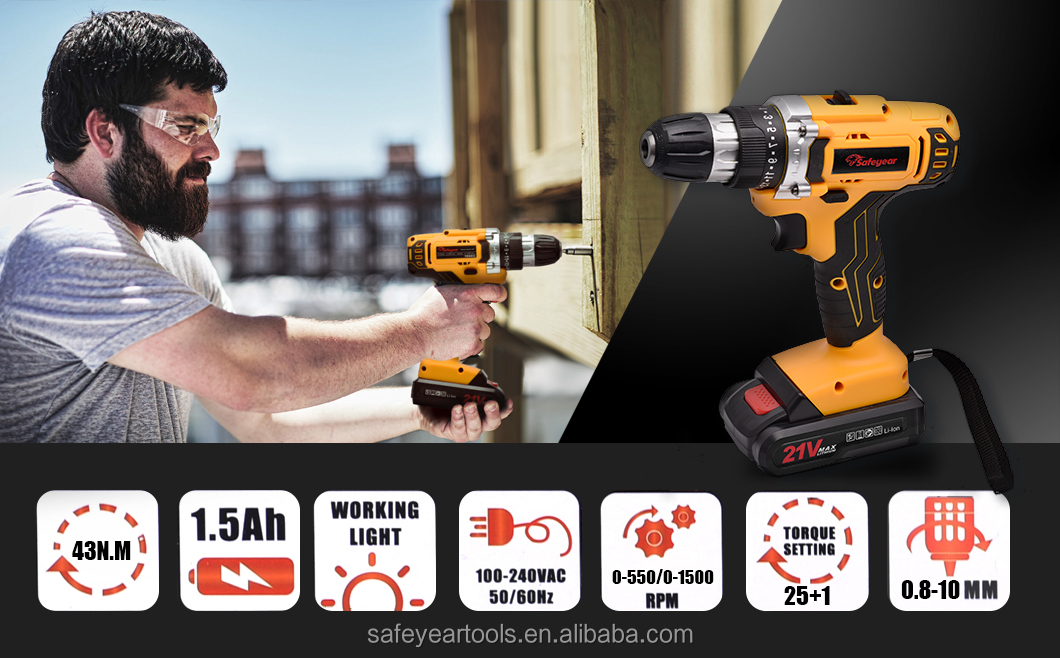3/8" Cordless Power Drill Tools 21V Variable Speed Electric Impact Drill 1300MAH