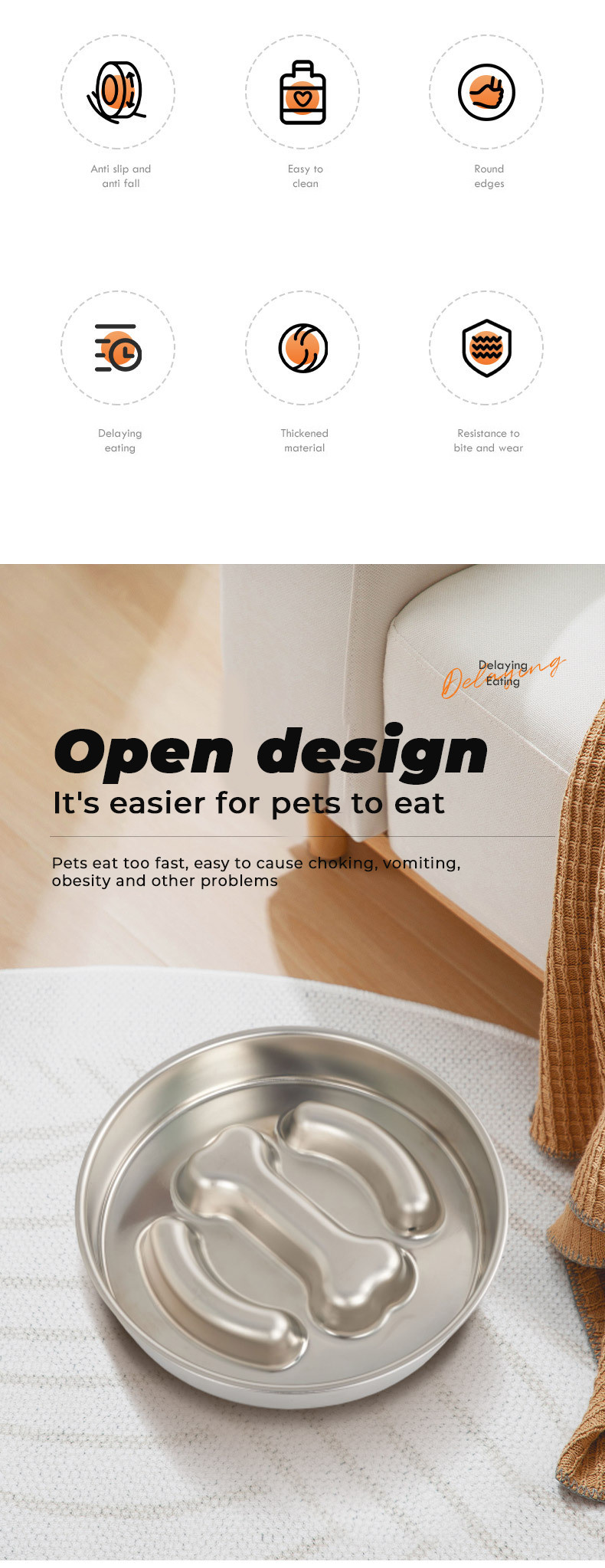 Stainless Steel Pet Bowl Anti-Upset Non-Slip Anti-Choking Slow Food Bowl