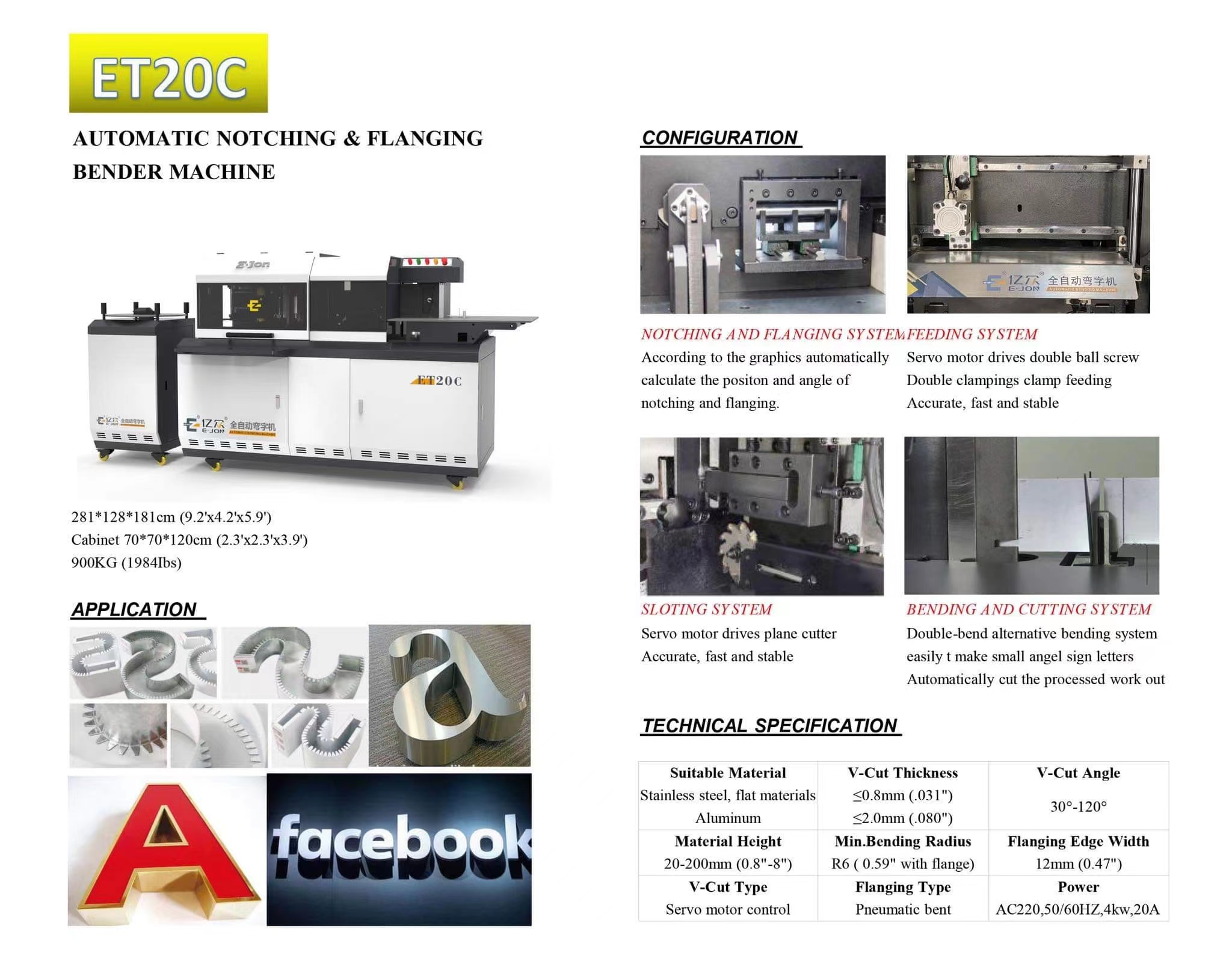 ALLOY material processing EJON ET20C V-cutting flanging channel letter bending machine