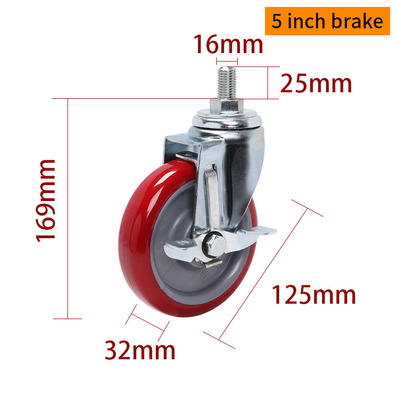 EDL Medium Duty 5inch 150kg Red TPU Threaded Caster by Swivel and Brake type 505S-86