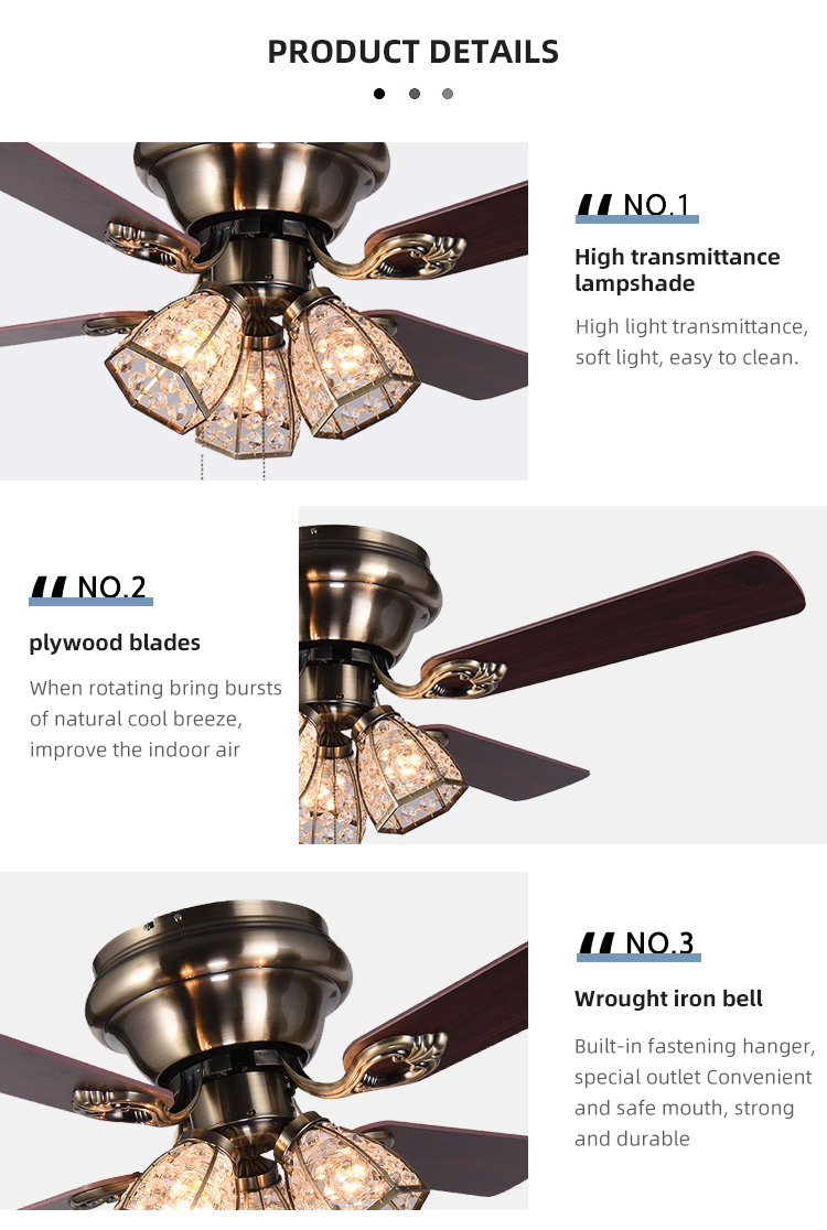 Minimalist Style Antique Brass Crystal Led Ceiling Fan 100lm/w 48inch 4 Blades