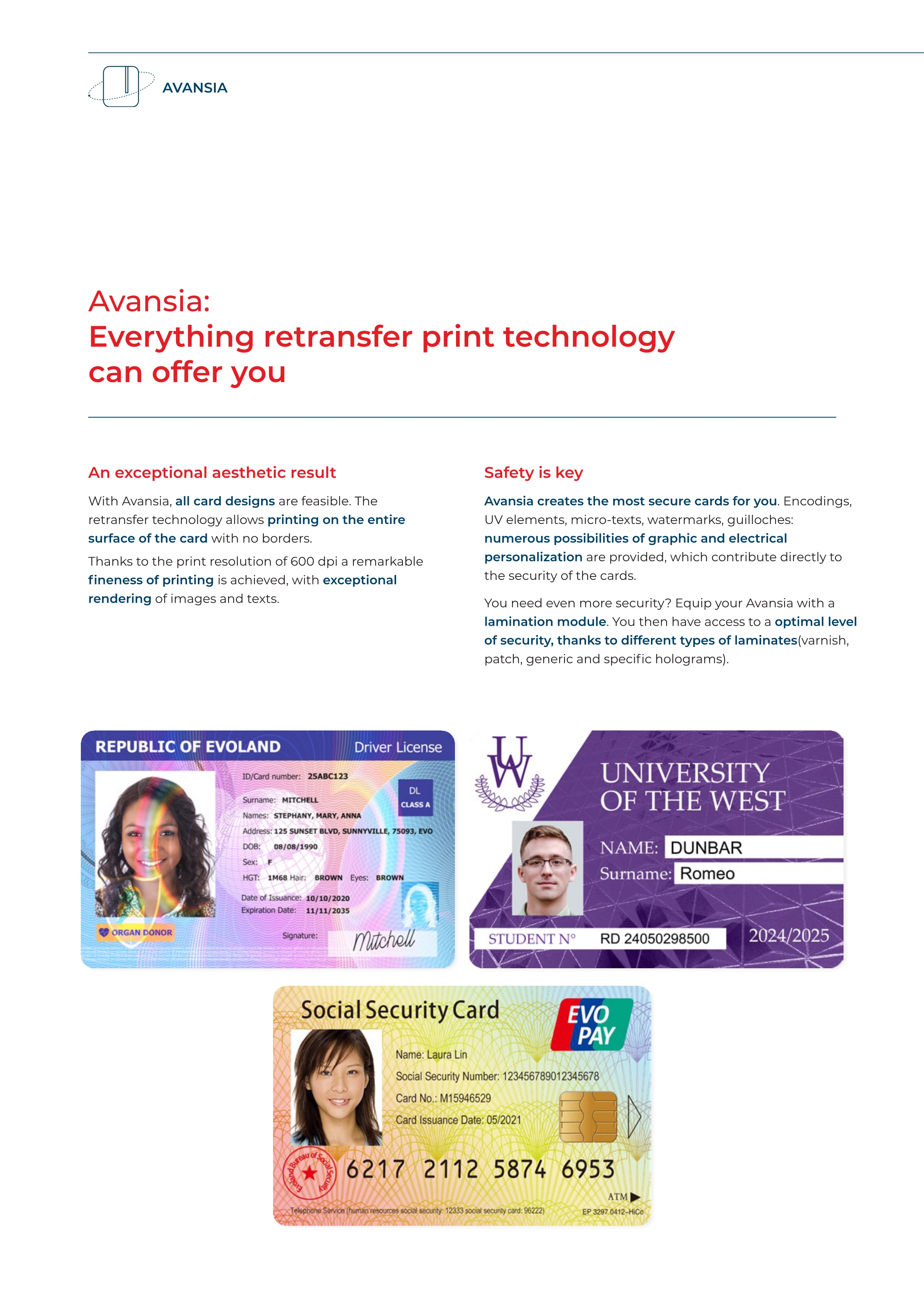 Evolis Avansia Dual-Sided Retransfer ID Printer 600dpi USB Interface Double-sided YMCKK