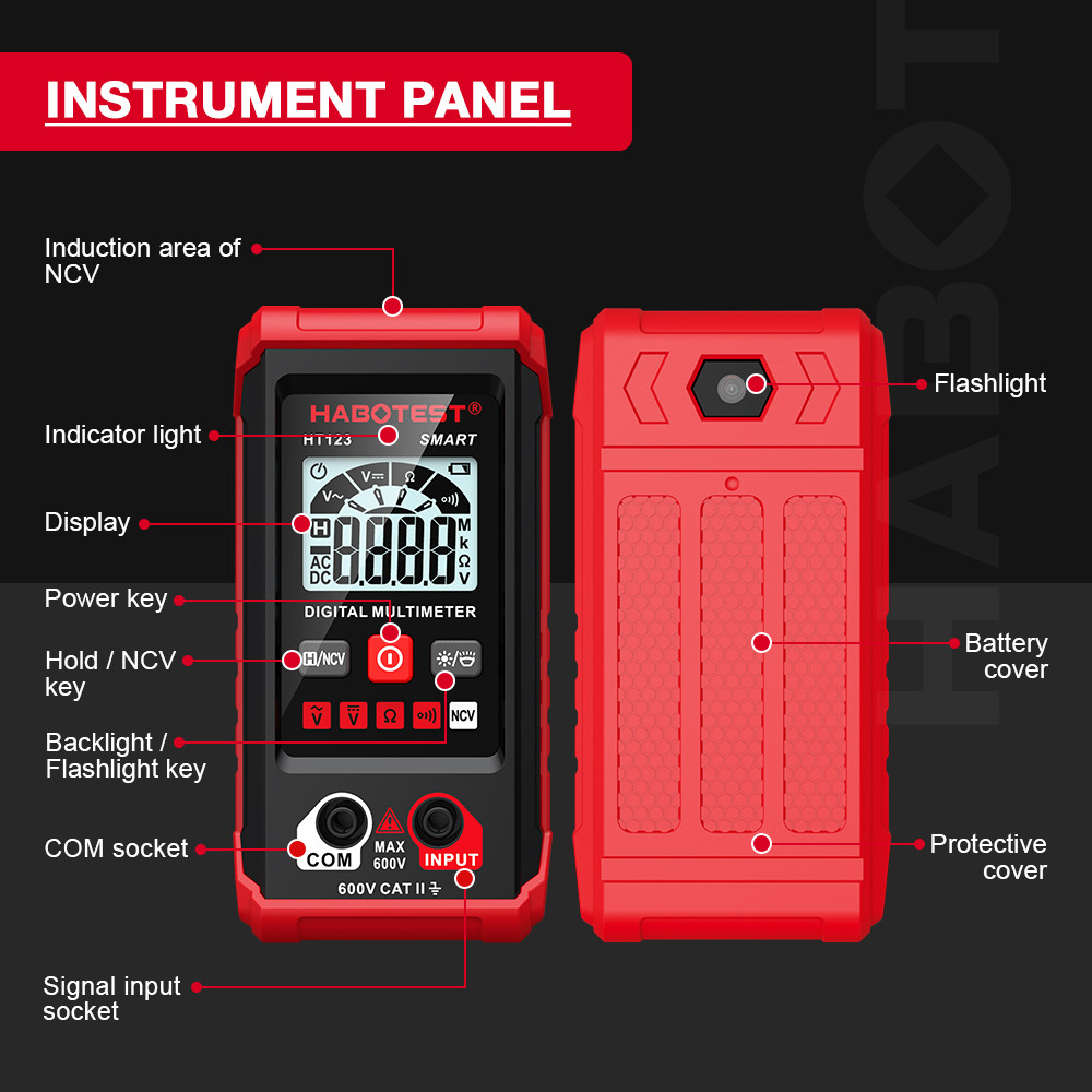 HT123 Smart Digital Multimeter AC/DC Voltage Resistance Continuity Measurement Tester NCV Multimeter With Backlight