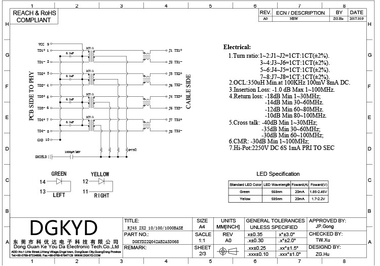 DGKYD22Q042AB2A5D068 RJ45 Gigabit Network Connector With Light Shield 10PIN