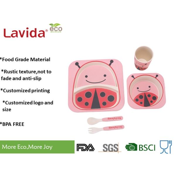Ladybug Style Bamboo Fiber Kids Plate Set Non - Flammable With Unique Rustic Texture