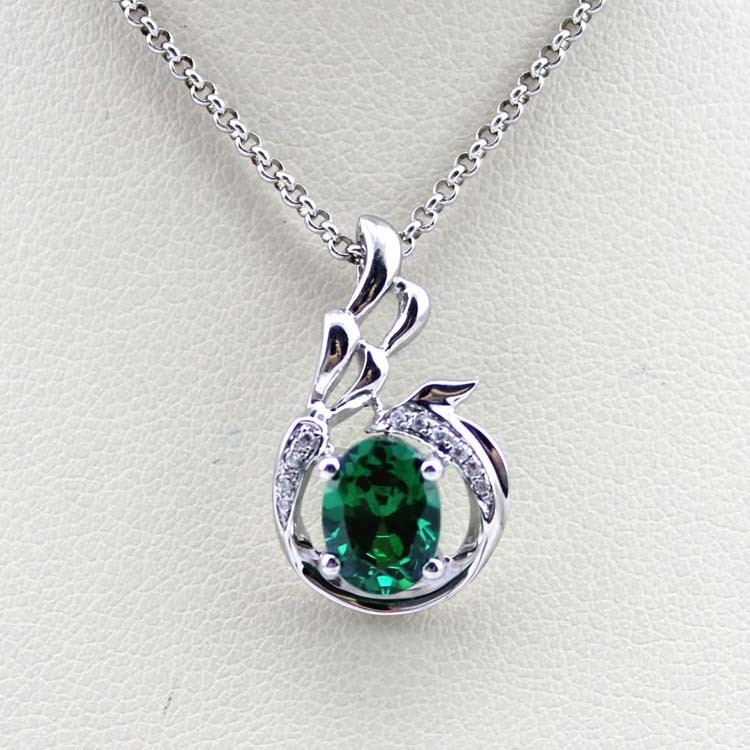 925 Silver Pendant with 6x8mm Oval Green and Clear Cubic Zircon Pendant (PSJ0401)
