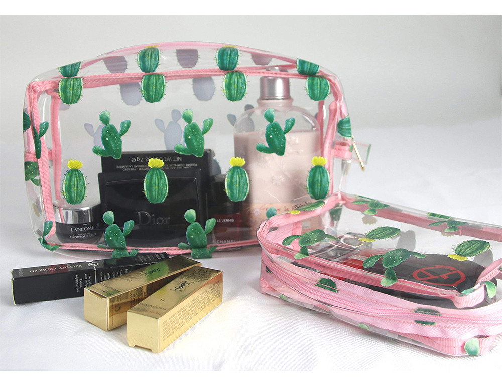 2pcs Zippered Cactus Print PVC Clear Travel Makeup Bag