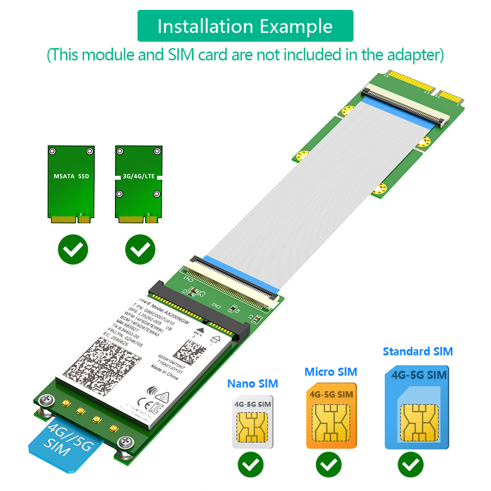Mini PCI-E 52Pin To MPCIe Wireless Adapter Card With 1 SIM Slot FPC Cable For Test Wifi Module Or 3G 4G LTE WWAN Modem