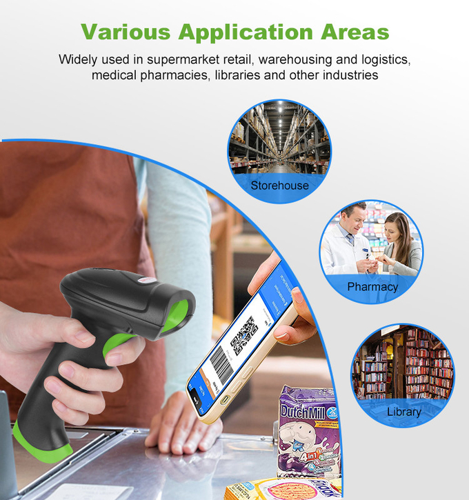 2D CMOS Handheld Barcode Scanner Wireless 2.4G Bluetooth Interface With Receiver