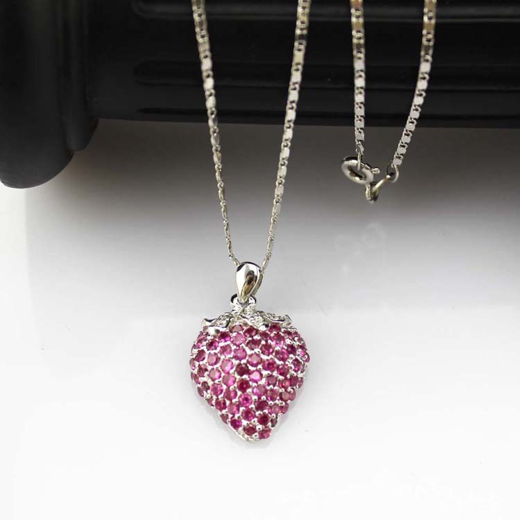 925 Sterling Silver Created Garnet Strawberry Pendant Necklace (P31)