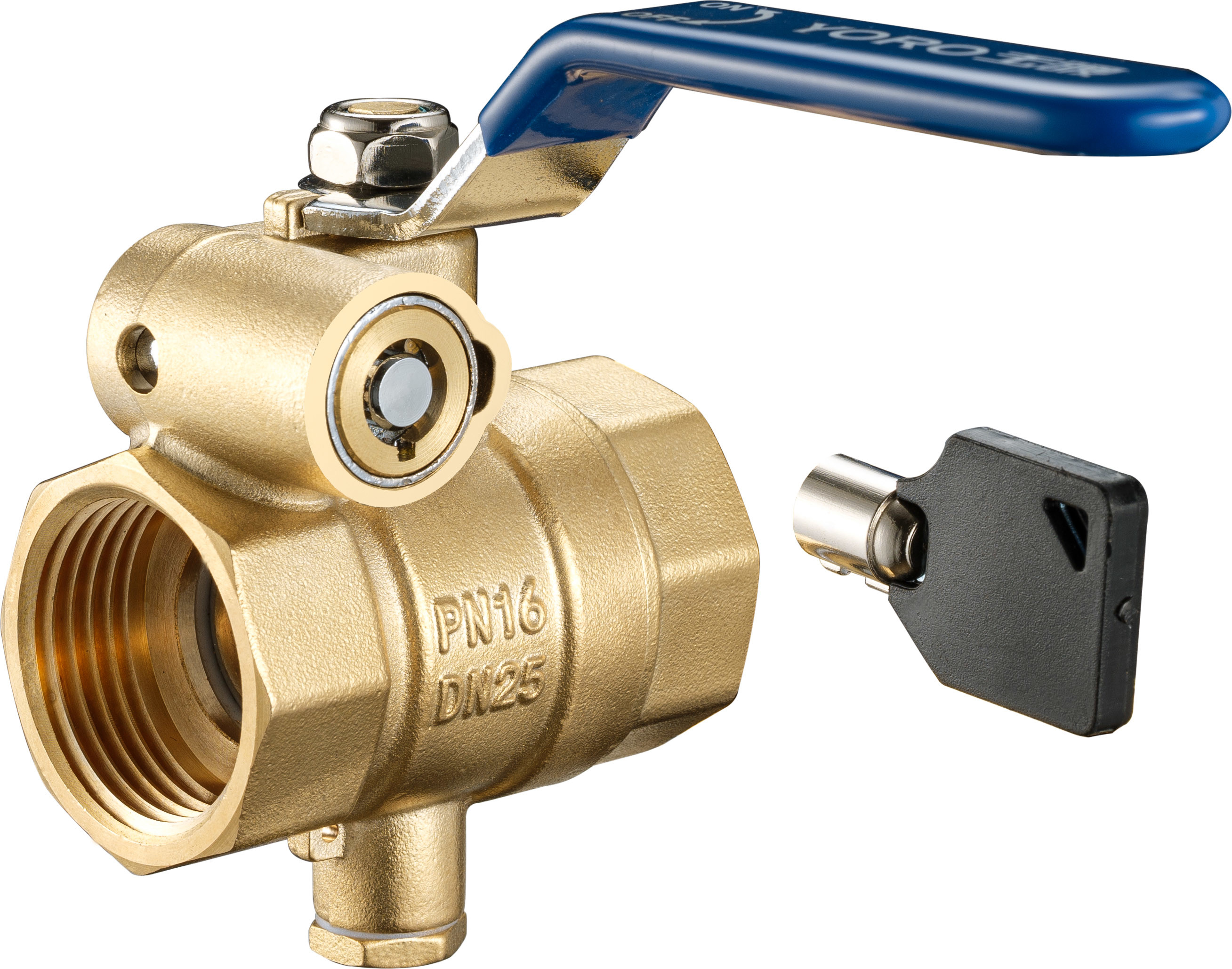 1702-DC Long Lever F x F Mechanical Key Lock Brass Shut-off Valve Ball Type Size DN20 DN25 DN32 with Bottom Meter Outlet