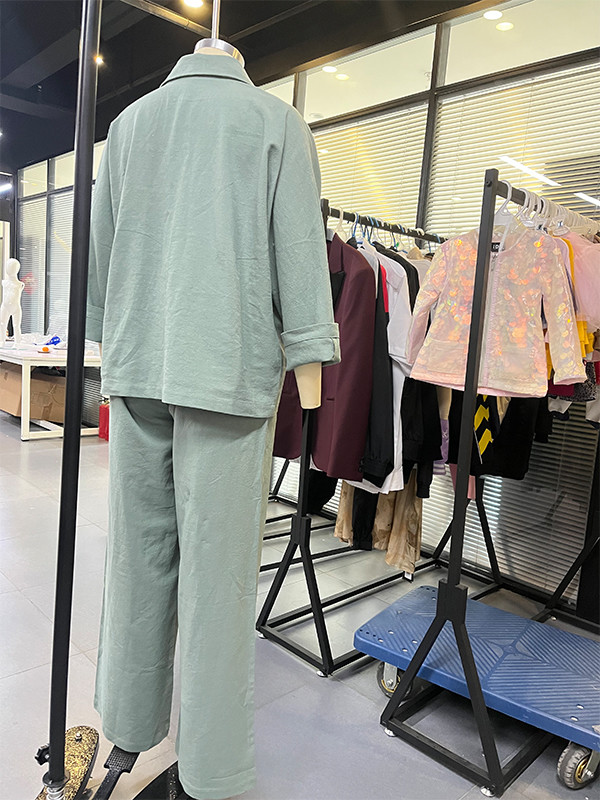 Womens Linen Cotton Green Two Pieces Comfy Long Sleeve Button Tops With Pocket Ladies Long Pants