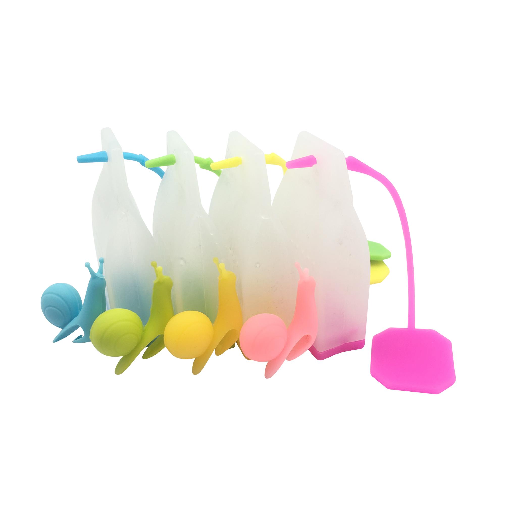 4pcs BPA- Free Custom Logo Printed Colorful Genuine Reusable Silicone Tea Bag Infuser Gift Set with Cute Snail Cup Charms