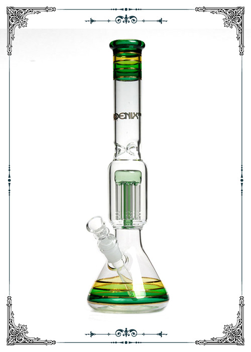 14 Inch Beaker Glass Water Pipe Green 8 Arms Perc With Phoenix Star Logo