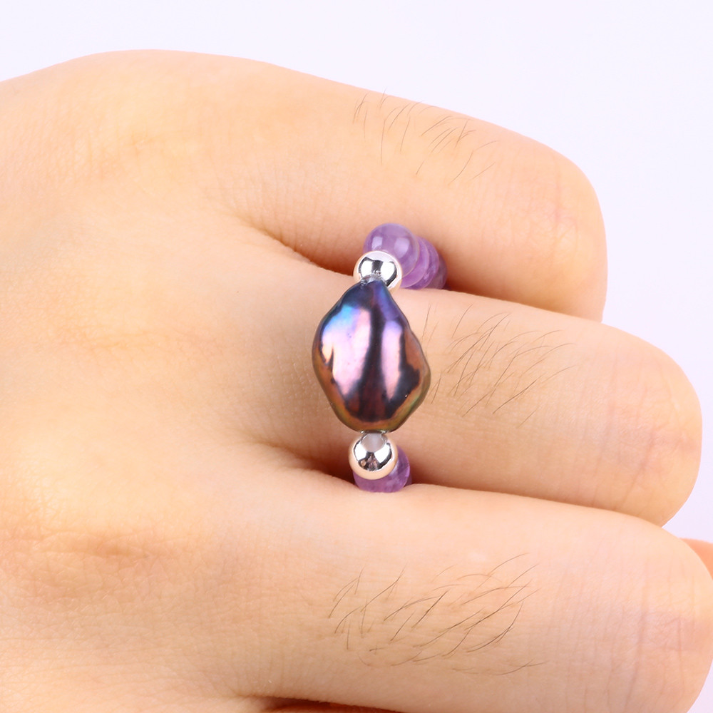 4mm Handmade Gemstone Beaded Ring Adjustable Elastic Sodalite Stone Ring With Peal Charm For Party Daily Wearing