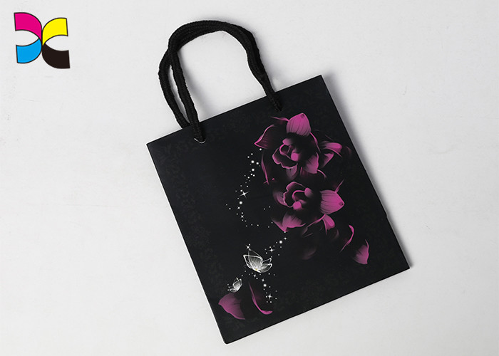 Recyclable Small Black Paper Bags With Handles / Flower Pattern Rectangle Or Square Shape