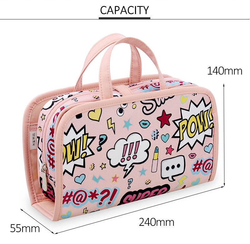 Pink Cute Full Cartoon Pattern Polyester Cosmetic Toiletry Bag