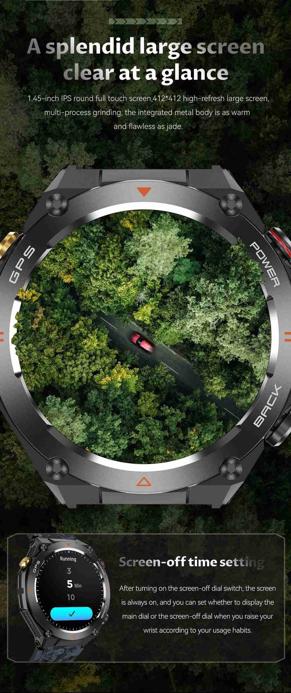 KC82 Sport Smart Watch 1.45 inch Screen Compass GPS Tracker 650mAh Battery For Men